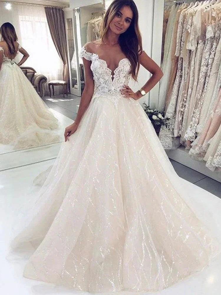 Luxury Long A-line Off-the-shoulder Tulle Open Back Glitter Wedding Dress by BIZTUNNEL