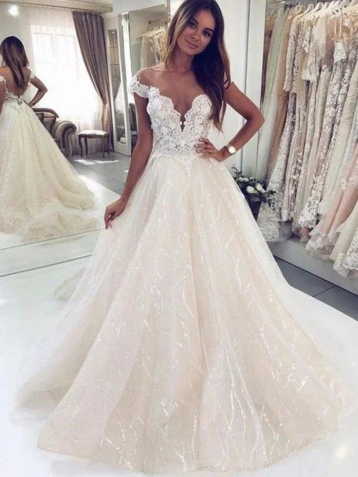 Luxury Long A-line Off-the-shoulder Tulle Open Back Glitter Wedding Dress by BIZTUNNEL