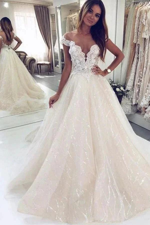 Luxury Long A-line Off-the-shoulder Tulle Open Back Glitter Wedding Dress by BIZTUNNEL