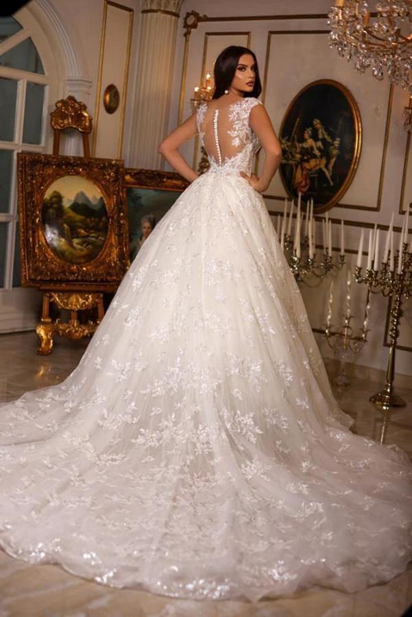 Luxury Long A-line Sweetheart Tulle Lace Open Back Wedding Dresses by BIZTUNNEL