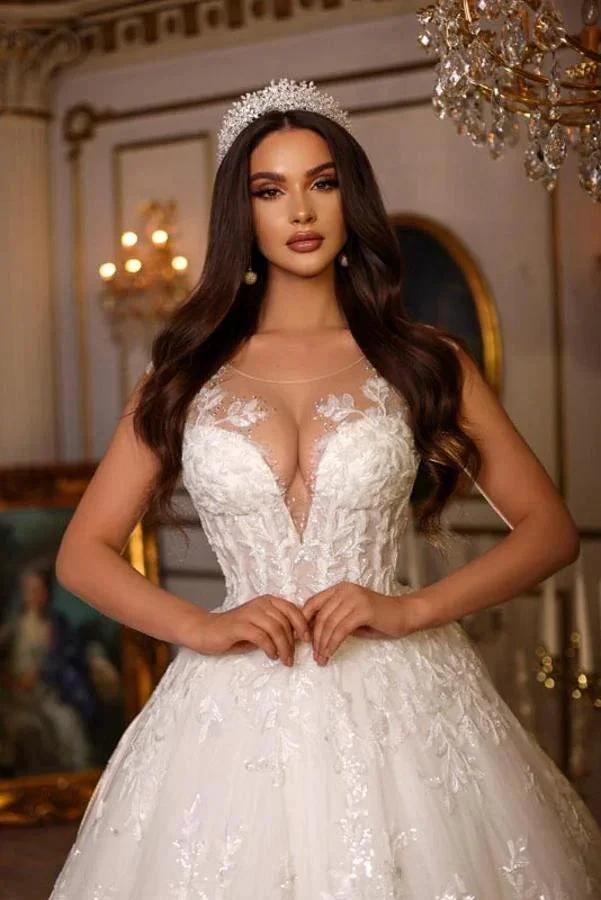 Luxury Long A-line Sweetheart Tulle Lace Open Back Wedding Dresses by BIZTUNNEL
