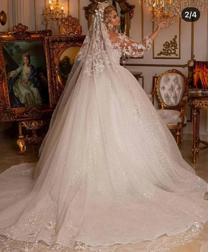 Luxury Long Ball Gown Glitter Wedding Dress with Puffy Sleeves by BIZTUNNEL