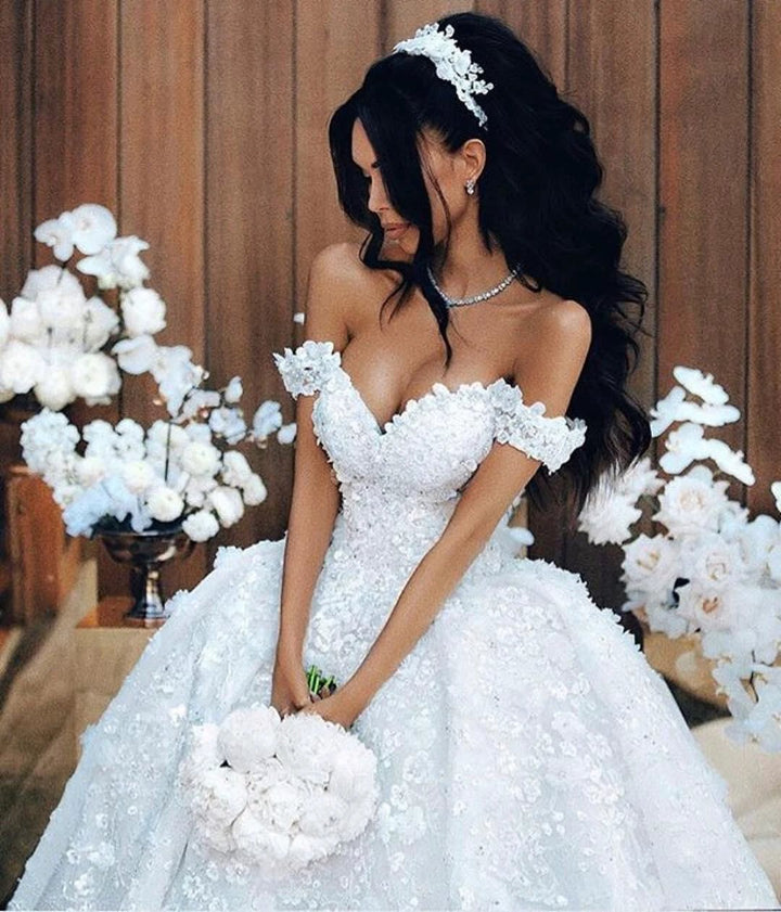 Luxury Long Ball Gown Off The Shoulder Appliques Lace Wedding Dresses by BIZTUNNEL