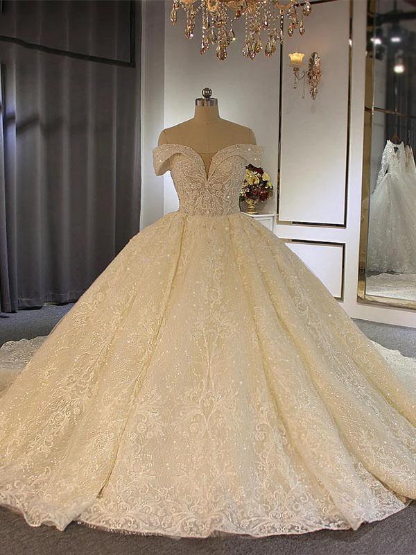 Luxury Long Ball Gown Off-the-Shoulder Lace Tulle Wedding Dresses with Beading by BIZTUNNEL