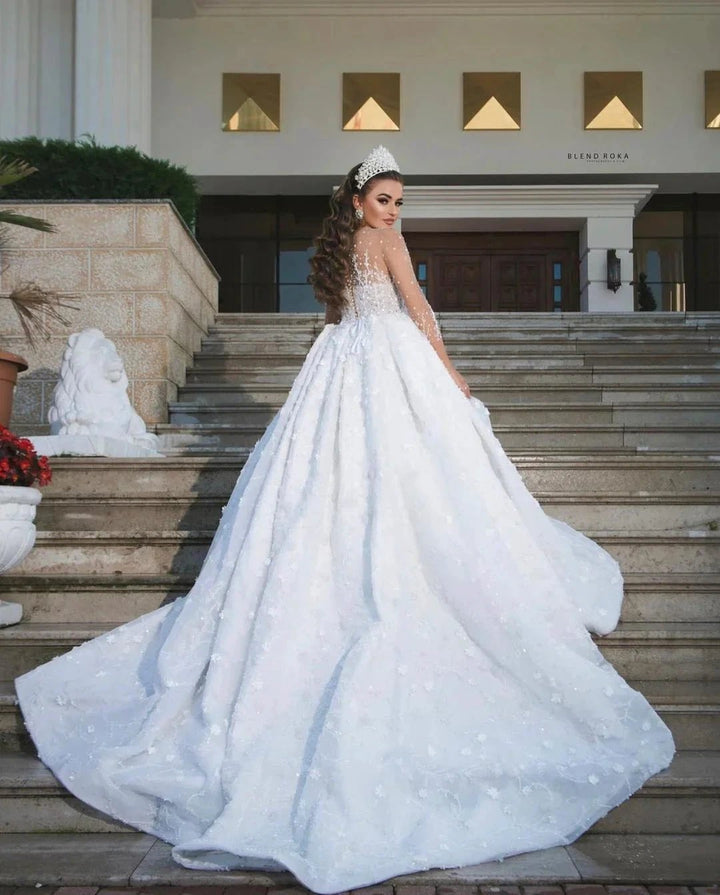 Luxury Long Ball Gown Sweeteart Beads Glitter Wedding Dress with Sleeves by BIZTUNNEL