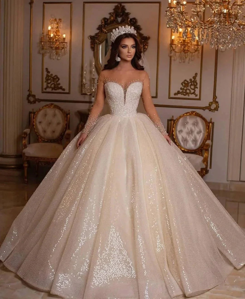 Luxury Long Ball Gown Sweetheart Sparkly Wedding Dress with Sleeves by BIZTUNNEL
