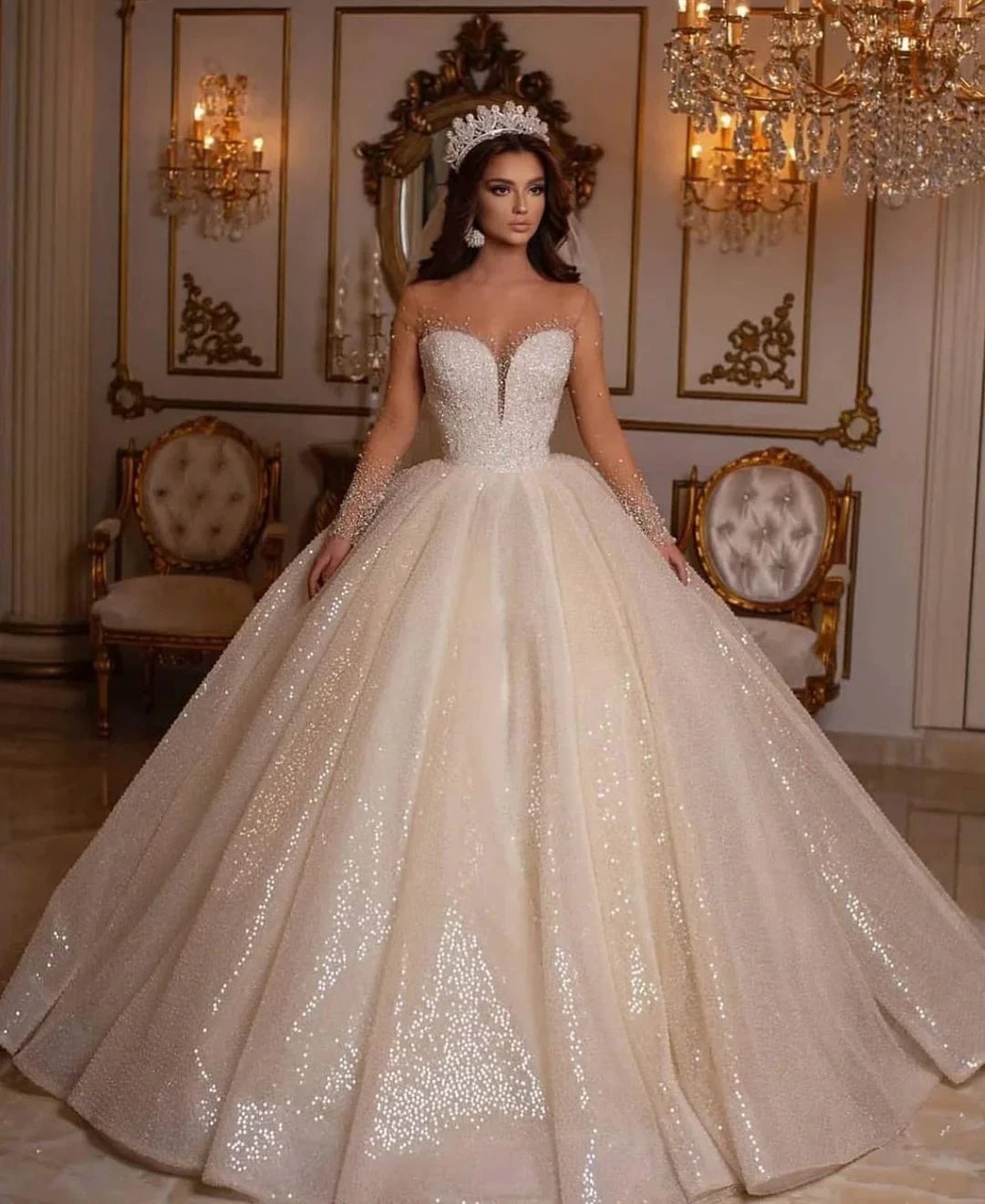 Luxury Long Ball Gown Sweetheart Sparkly Wedding Dress with Sleeves by BIZTUNNEL