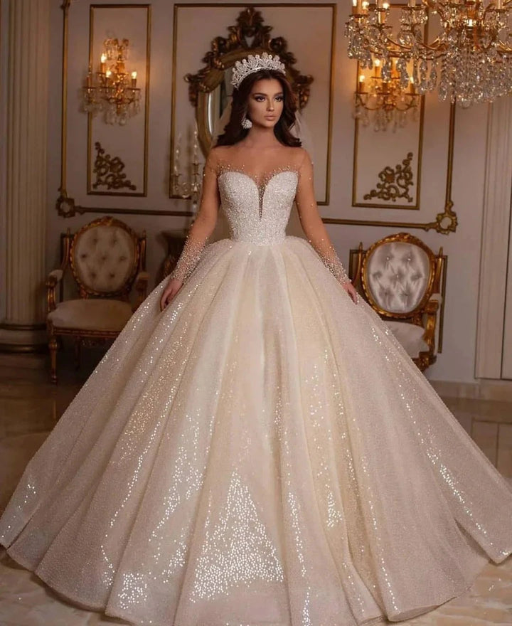 Luxury Long Ball Gown Sweetheart Sparkly Wedding Dress with Sleeves by BIZTUNNEL