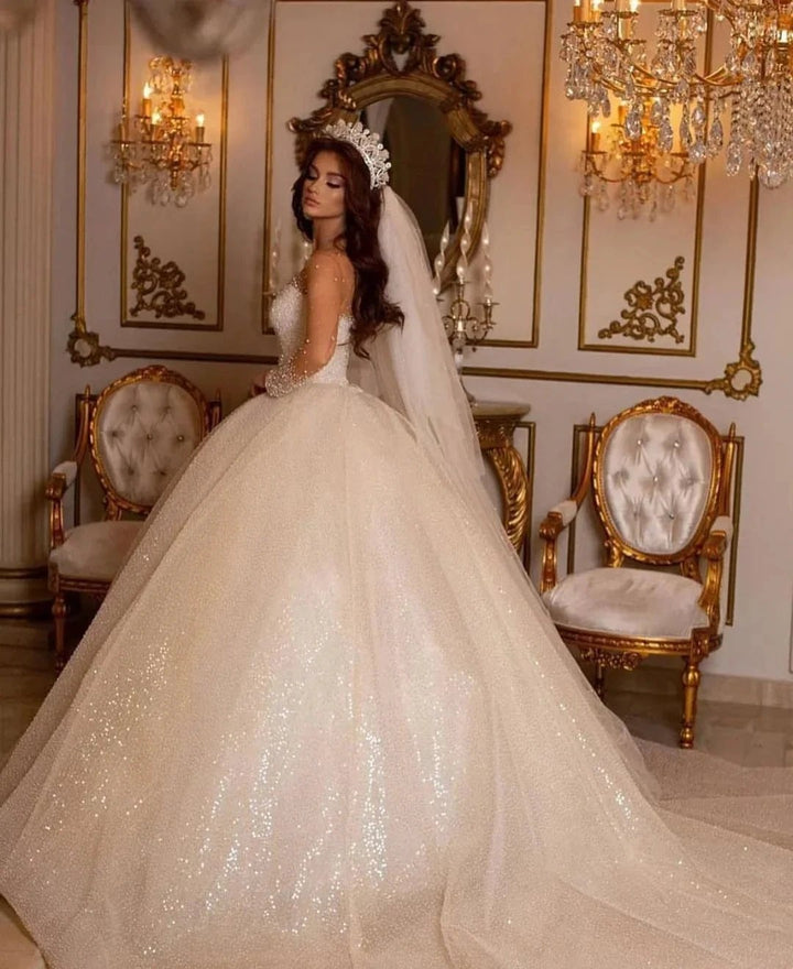 Luxury Long Ball Gown Sweetheart Sparkly Wedding Dress with Sleeves by BIZTUNNEL