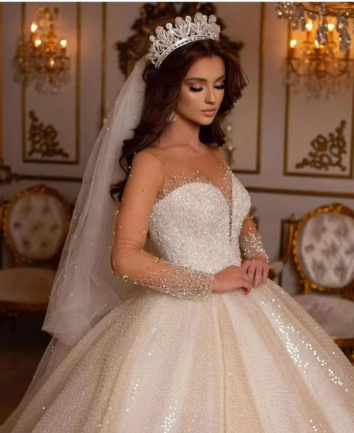 Luxury Long Ball Gown Sweetheart Sparkly Wedding Dress with Sleeves by BIZTUNNEL