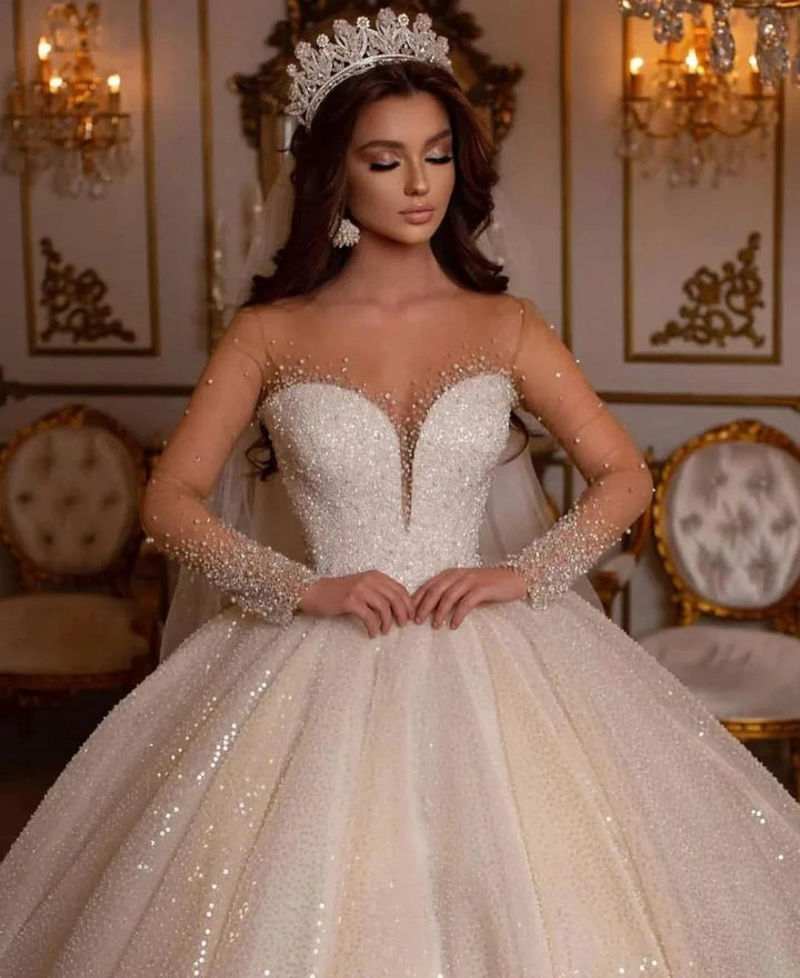 Luxury Long Ball Gown Sweetheart Sparkly Wedding Dress with Sleeves by BIZTUNNEL