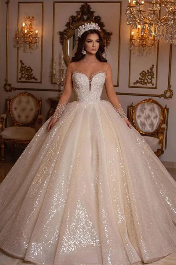 Luxury Long Ball Gown Sweetheart Sparkly Wedding Dress with Sleeves by BIZTUNNEL