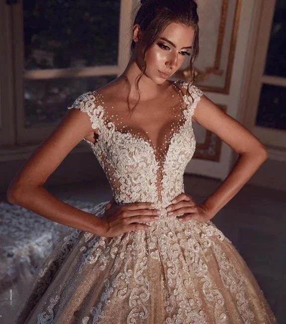 Luxury Long Glitter Wedding Dresses Princess with Lace by misshow.com