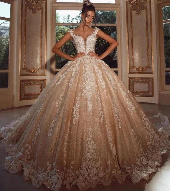 Luxury Long Glitter Wedding Dresses Princess with Lace by misshow.com