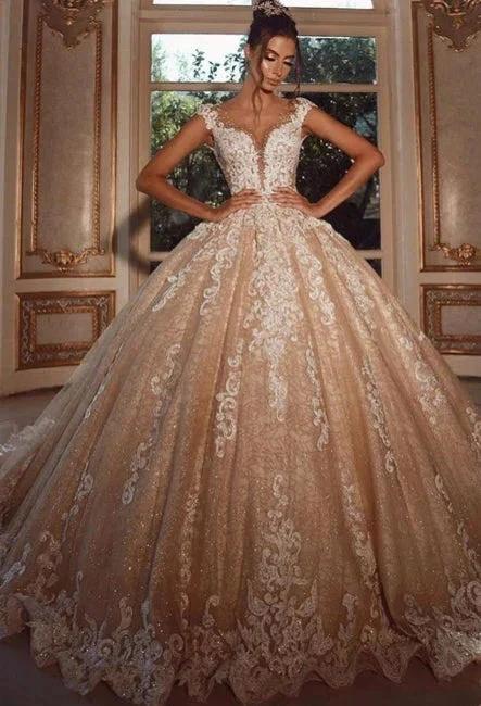 Luxury Long Glitter Wedding Dresses Princess with Lace by misshow.com