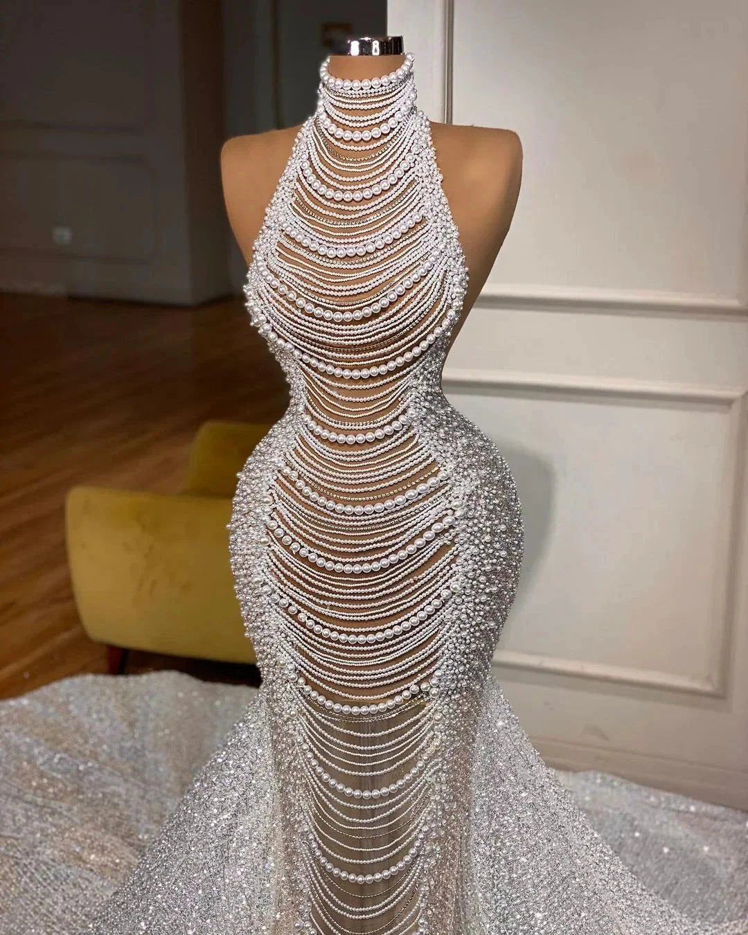 Luxury Long Mermaid Halter Beading Sleeveless Wedding Dress With Pearls by misshow.com
