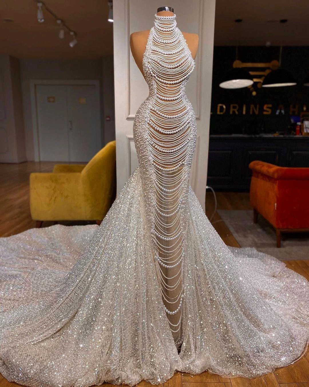 Luxury Long Mermaid Halter Beading Sleeveless Wedding Dress With Pearls by misshow.com