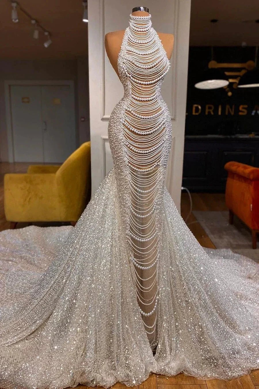 Luxury Long Mermaid Halter Beading Sleeveless Wedding Dress With Pearls by misshow.com