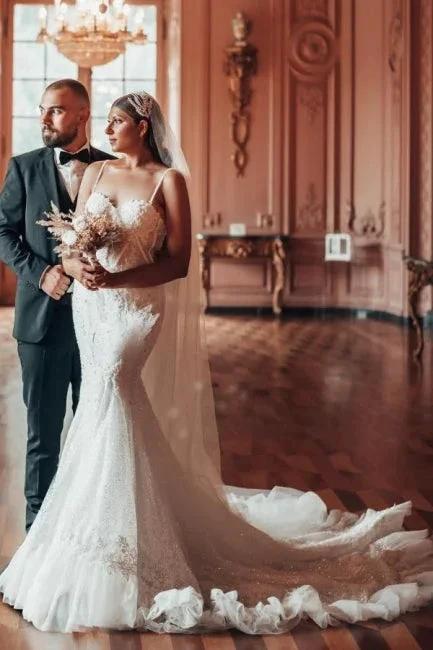 Luxury Long Mermaid Spaghetti Straps Glitter Wedding Dresses With Lace by misshow.com