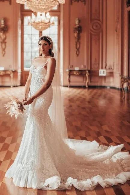 Luxury Long Mermaid Spaghetti Straps Glitter Wedding Dresses With Lace by misshow.com