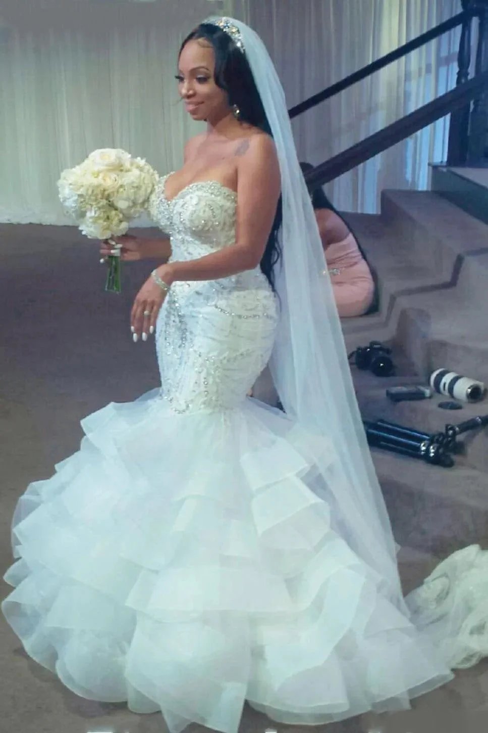 Luxury Long Mermaid Sweetheart Strapless Ruffles Beaded Crystal Wedding Dress by BIZTUNNEL