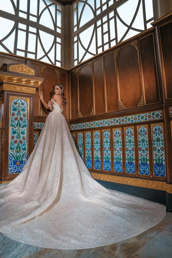 Luxury Long Princess Off-the-shoulder Sequined Wedding Dresses with slit by BIZTUNNEL
