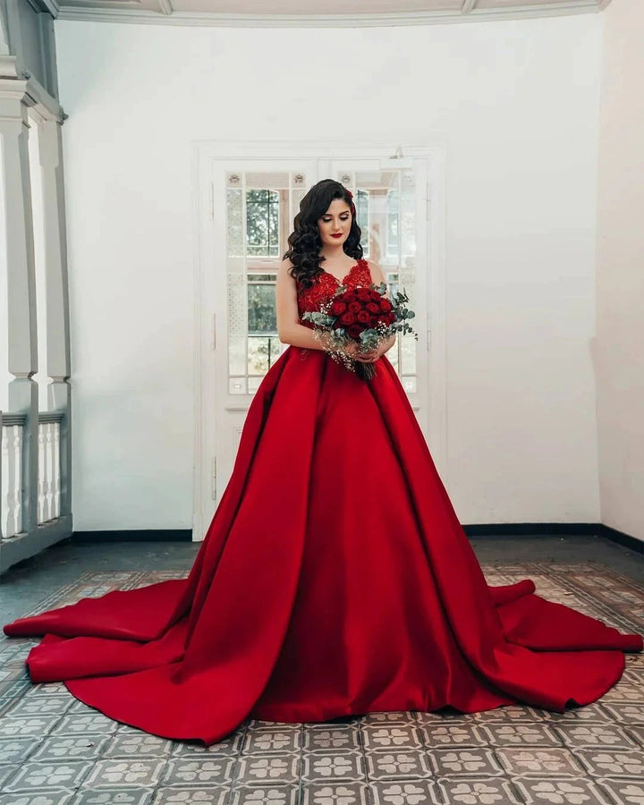 Luxury Long Princess Satin V-neck Wedding Dresses with Lace by BIZTUNNEL