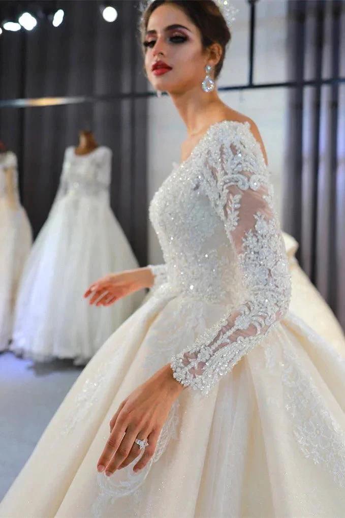 Luxury Long Sleeves Deep V-Neck Princess Ball Gown Garden Bridal Dress by misshow.com