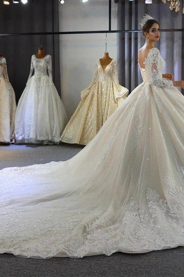 Luxury Long Sleeves Deep V-Neck Princess Ball Gown Garden Bridal Dress by misshow.com
