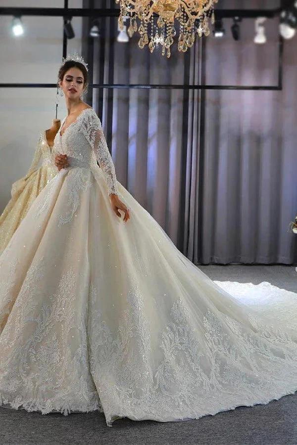 Luxury Long Sleeves Deep V-Neck Princess Ball Gown Garden Bridal Dress by misshow.com