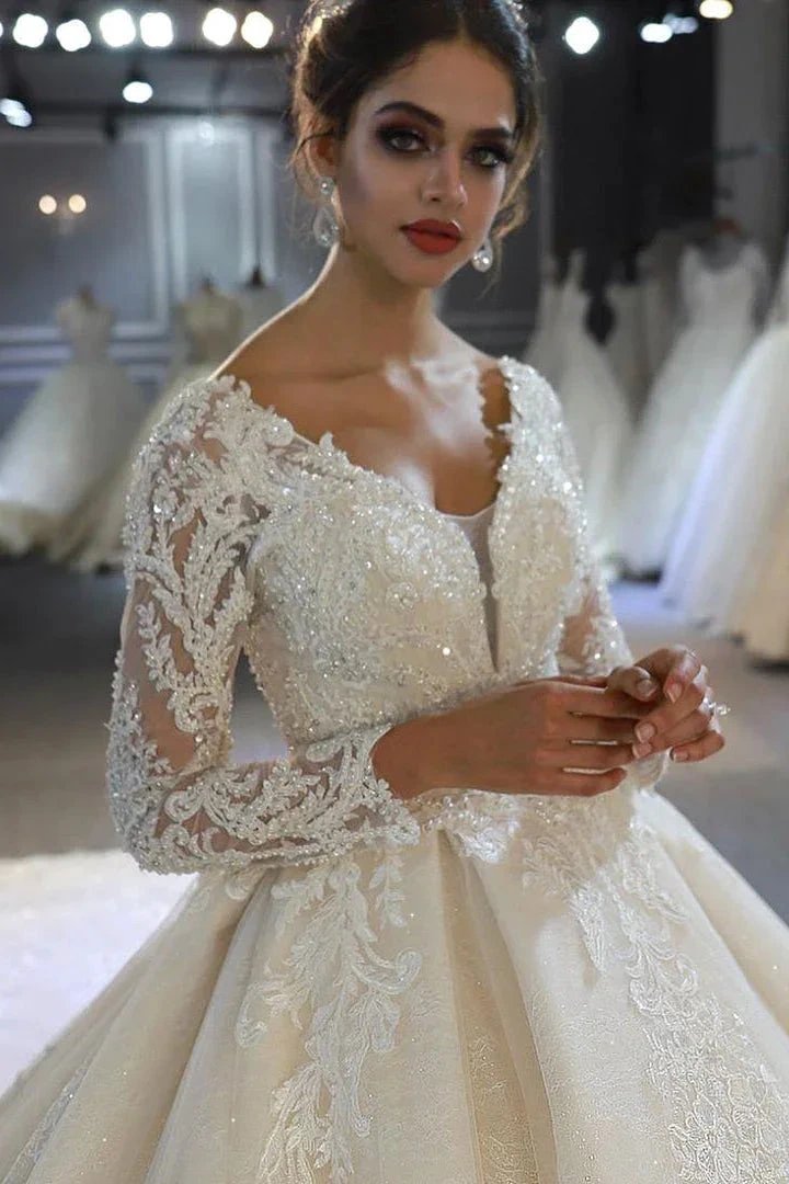 Luxury Long Sleeves Deep V-Neck Princess Ball Gown Garden Bridal Dress by misshow.com