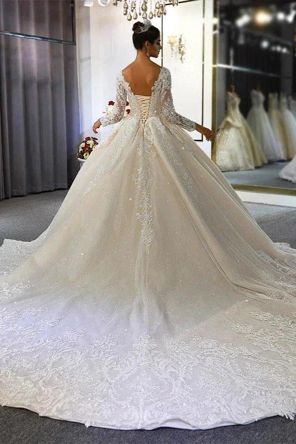 Luxury Long Sleeves Deep V-Neck Princess Ball Gown Garden Bridal Dress by misshow.com