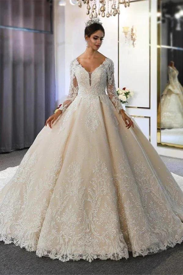 Luxury Long Sleeves Deep V-Neck Princess Ball Gown Garden Bridal Dress by misshow.com