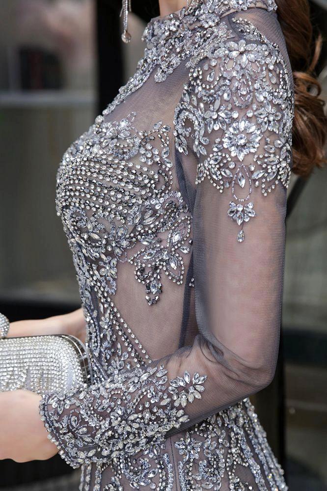 Luxury Sparkly beading High Neck Sheer Tulle Long Prom Dress by misshow.com