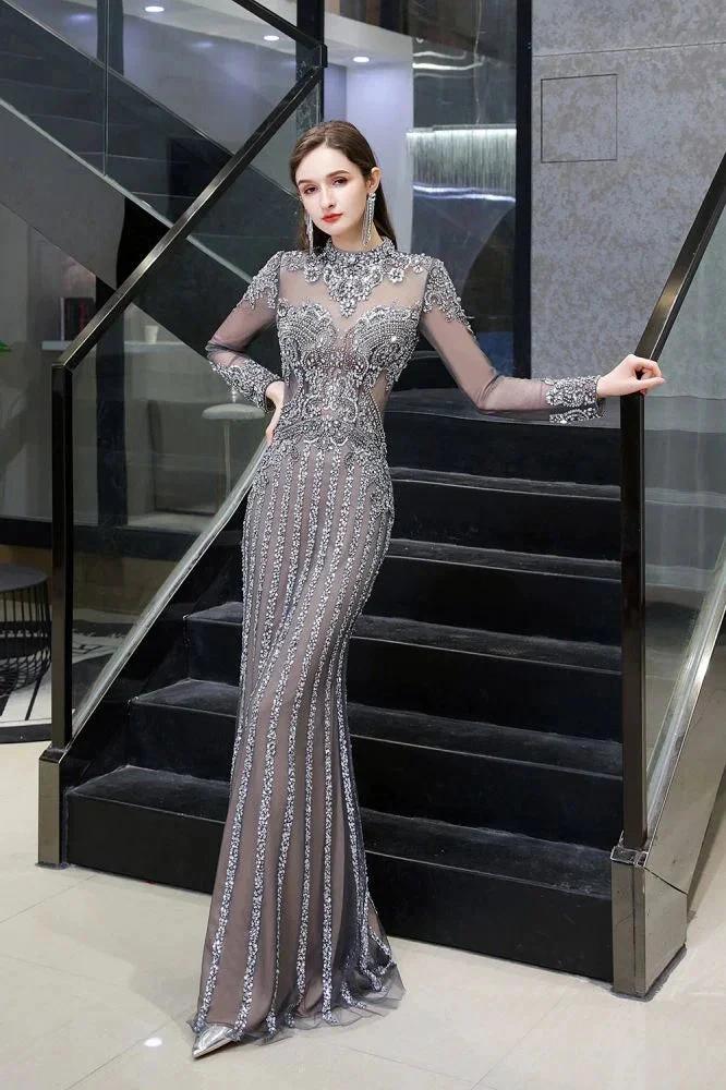 Luxury Sparkly beading High Neck Sheer Tulle Long Prom Dress by misshow.com