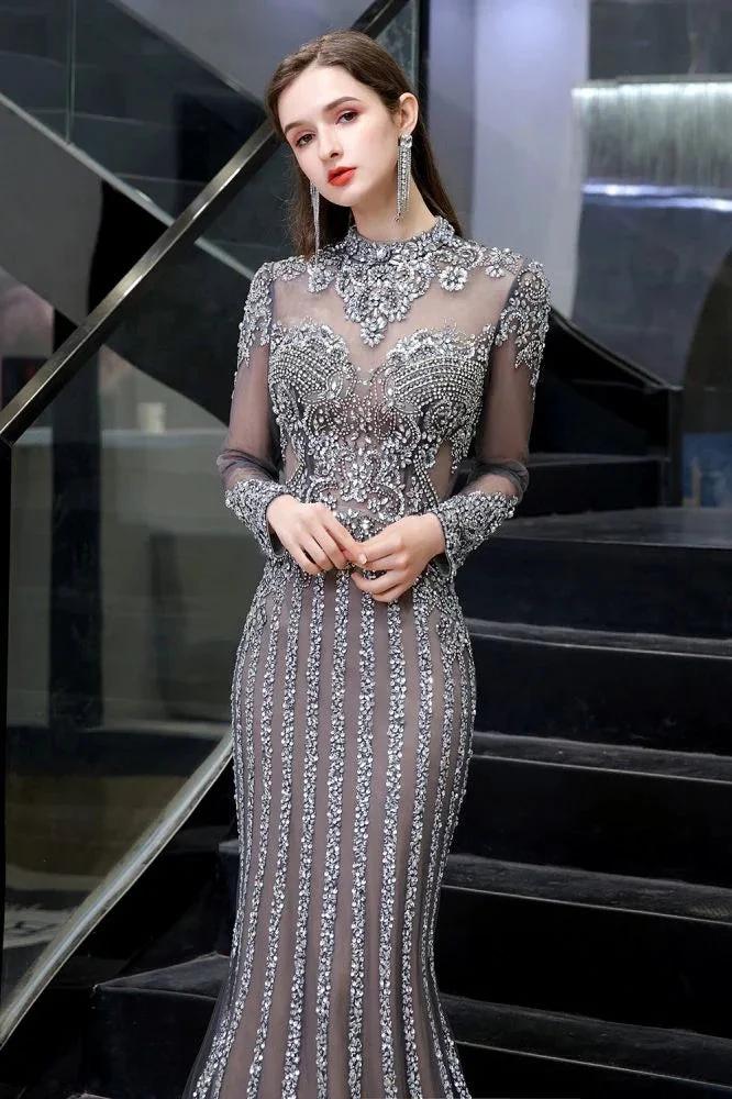 Luxury Sparkly beading High Neck Sheer Tulle Long Prom Dress by misshow.com