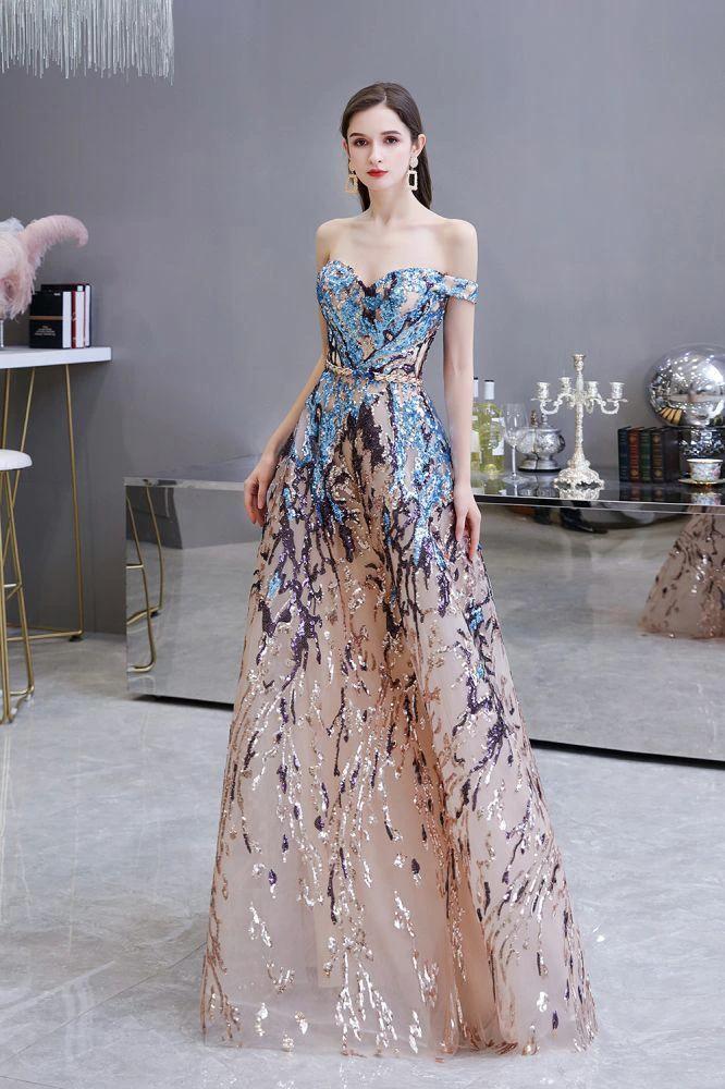 Luxury Sparkly Off-the-Shoulder Sequins Aline Prom Dress Floor Length by misshow.com