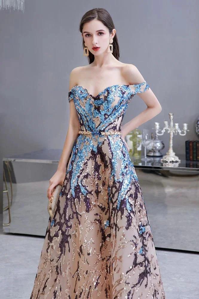 Luxury Sparkly Off-the-Shoulder Sequins Aline Prom Dress Floor Length by misshow.com