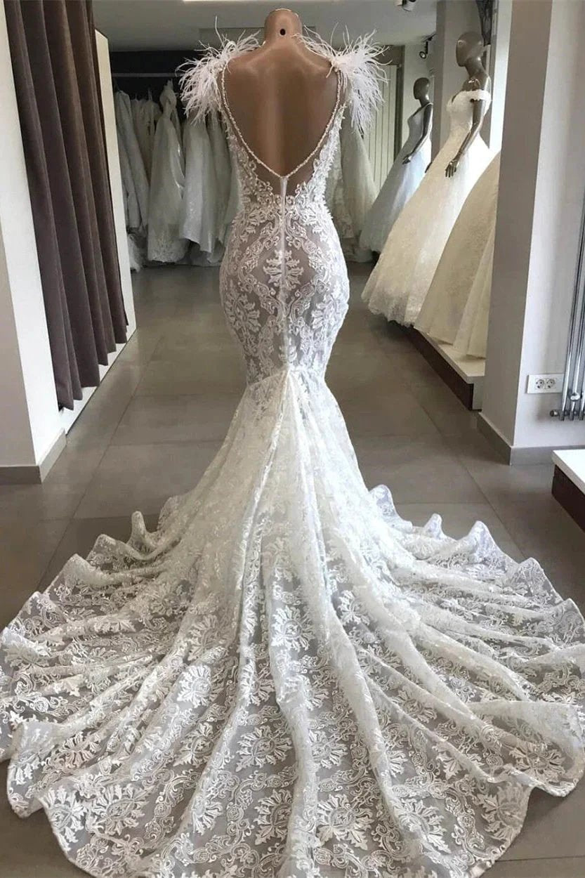 Luxury White Hollow Sweetheart Open Back Lace Long Wedding Dress with Fur Neckline by misshow.com