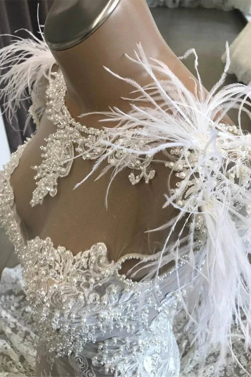 Luxury White Hollow Sweetheart Open Back Lace Long Wedding Dress with Fur Neckline by misshow.com