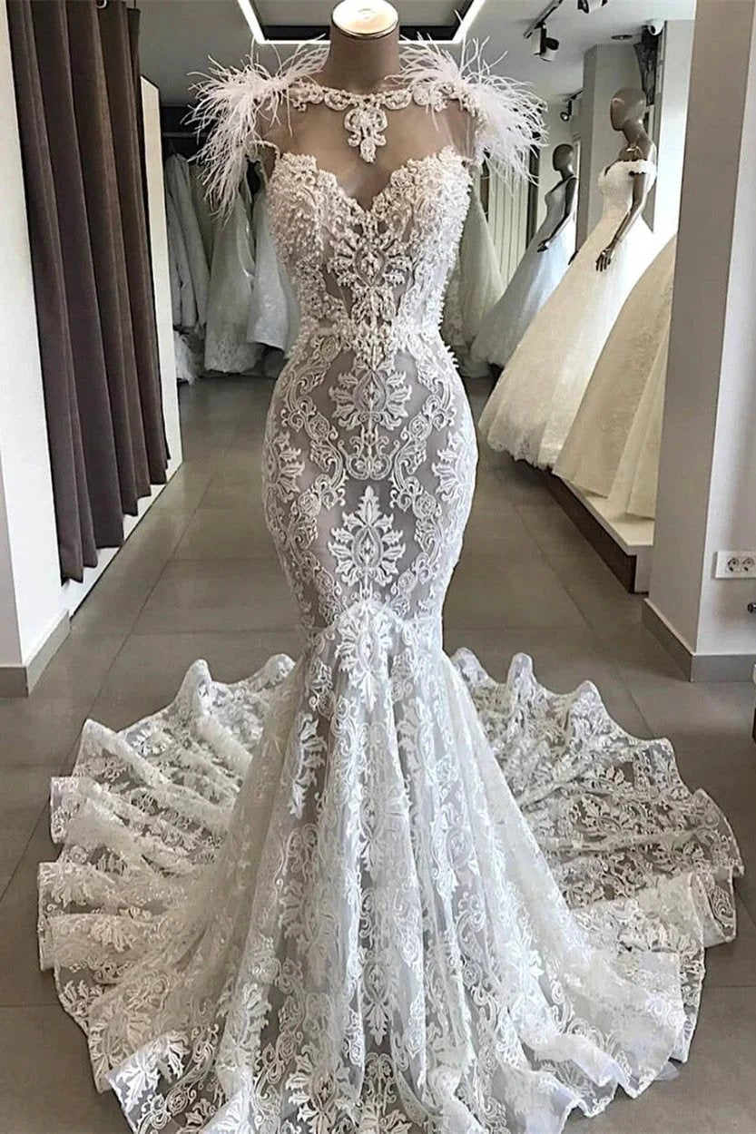 Luxury White Hollow Sweetheart Open Back Lace Long Wedding Dress with Fur Neckline by misshow.com