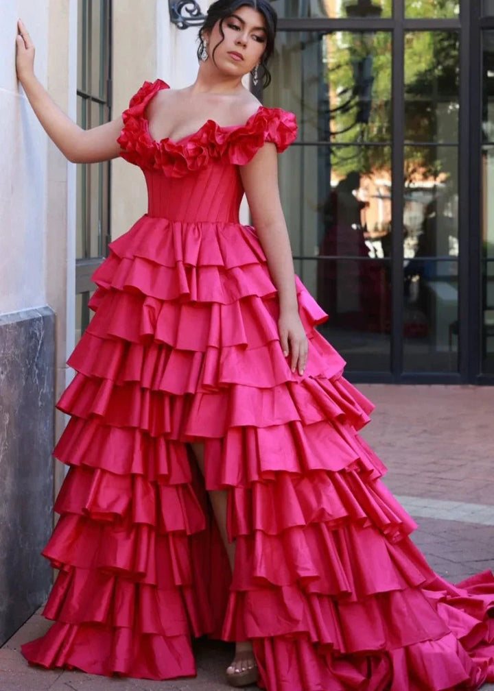 Madelynn | Off-Shoulder Ruched A-Line Layered Satin Prom Dress with Slit by KissProm