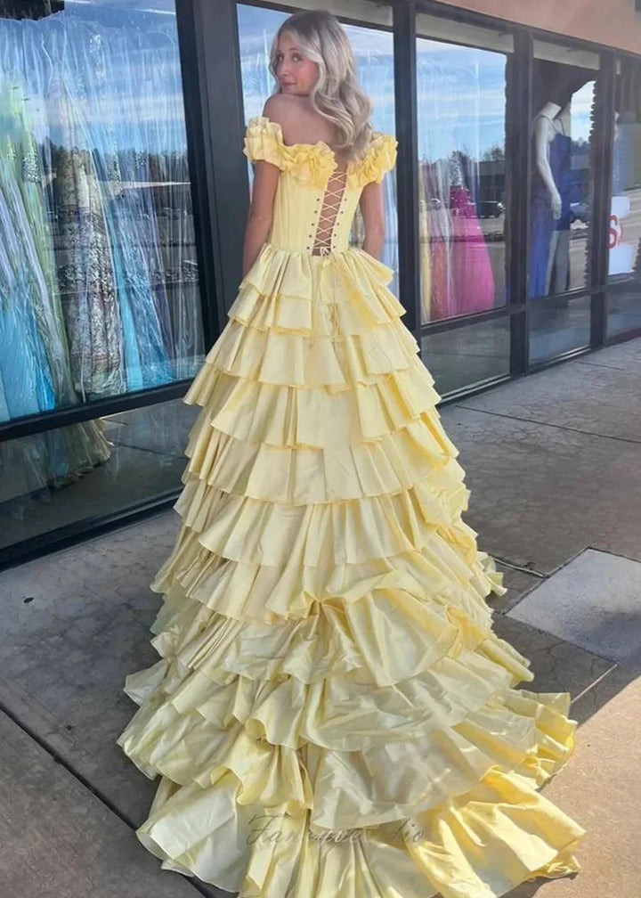 Madelynn | Off-Shoulder Ruched A-Line Layered Satin Prom Dress with Slit by KissProm