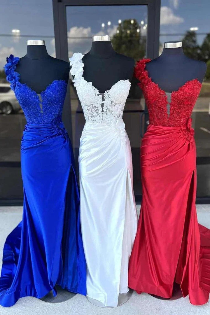 Mandel|Red One-Shoulder 3D Floral Lace Pleated Long Gown with Slit by KissProm