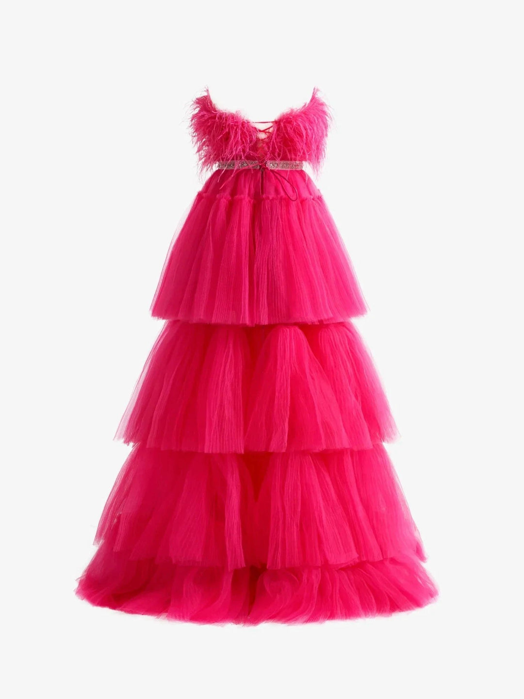 Marie| Fuchsia A-line High-Low Strapless Ruffled Tulle Prom Dress with Feathers by KissProm