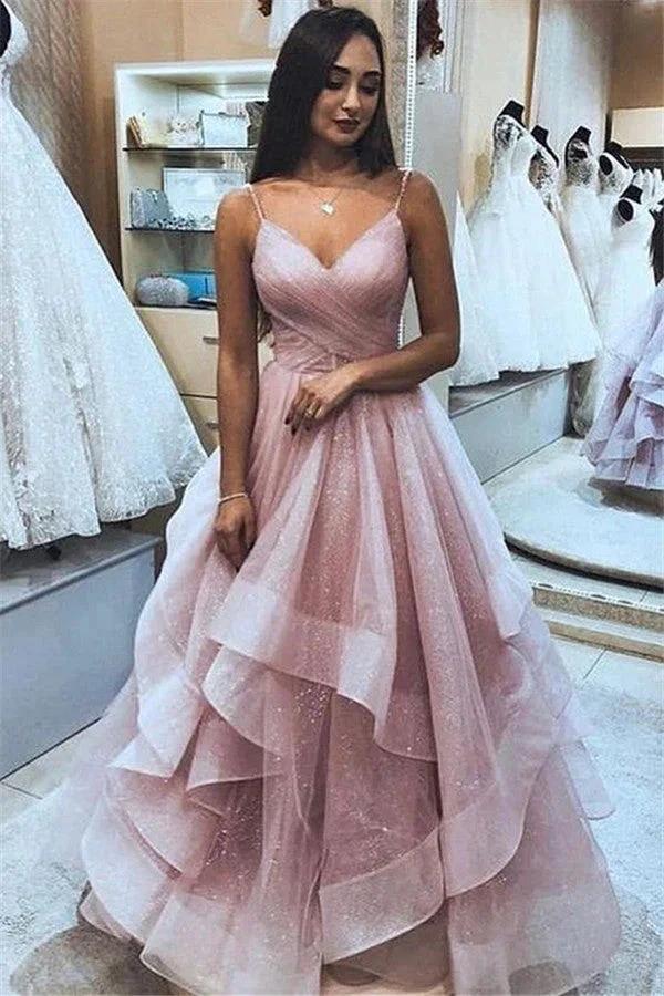 Marvelous A-line V-neck Spaghetti Straps Cascading Ruffle Long Prom Dress by BIZTUNNEL