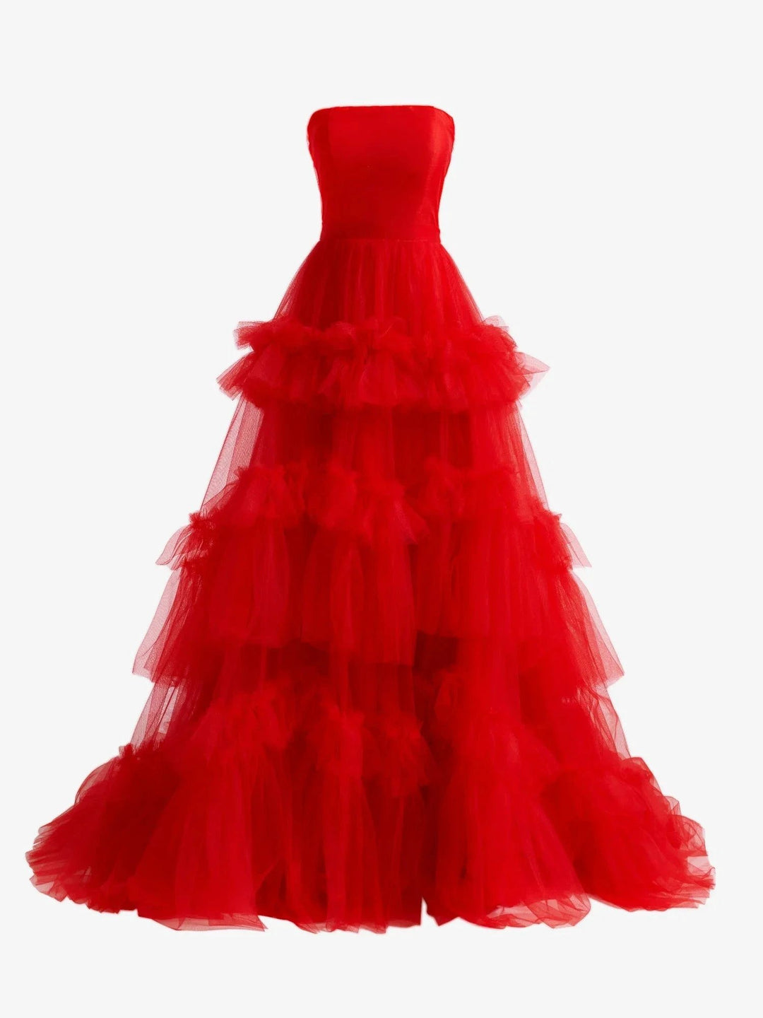 Matilda |Red A-Line Strapless Ruffled Tulle Evening Dress by KissProm