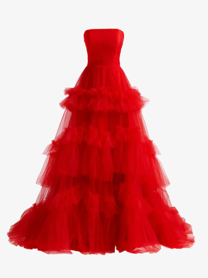 Matilda |Red A-Line Strapless Ruffled Tulle Evening Dress by KissProm