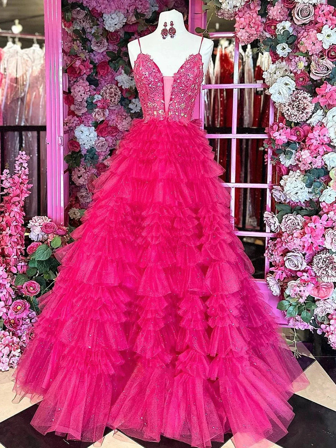Mazzy | Lace Applique Tiered Ruffles Tulle Long Prom Dress by KissProm