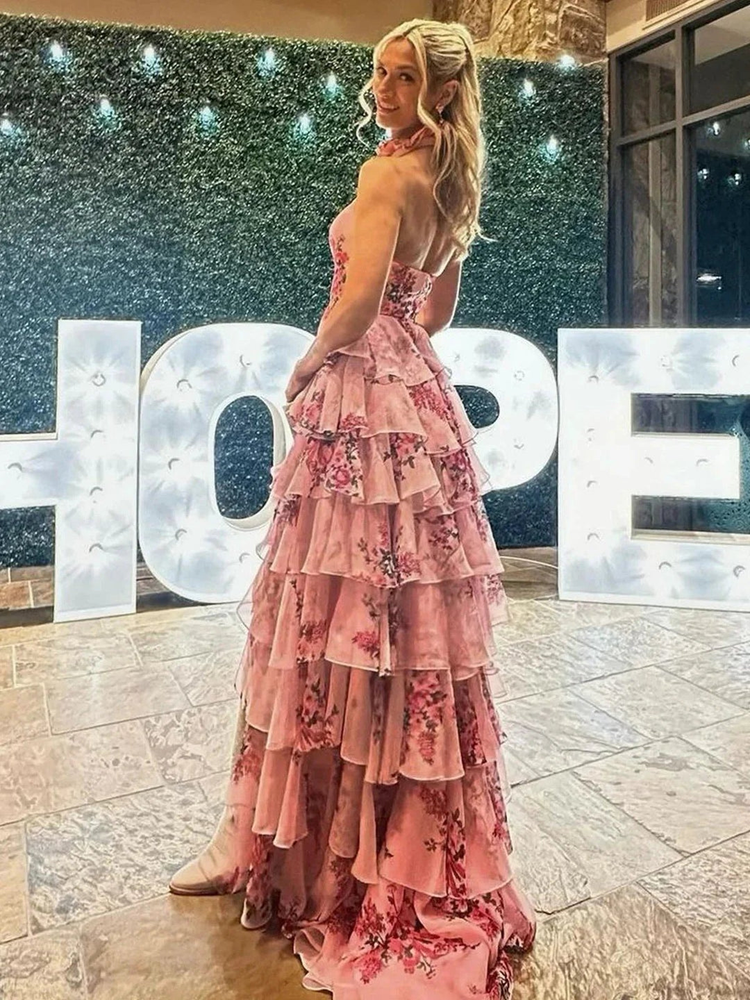 Melinda | Pink A Line Hatler Floral Chiffon Tiered Long Prom Dress by KissProm